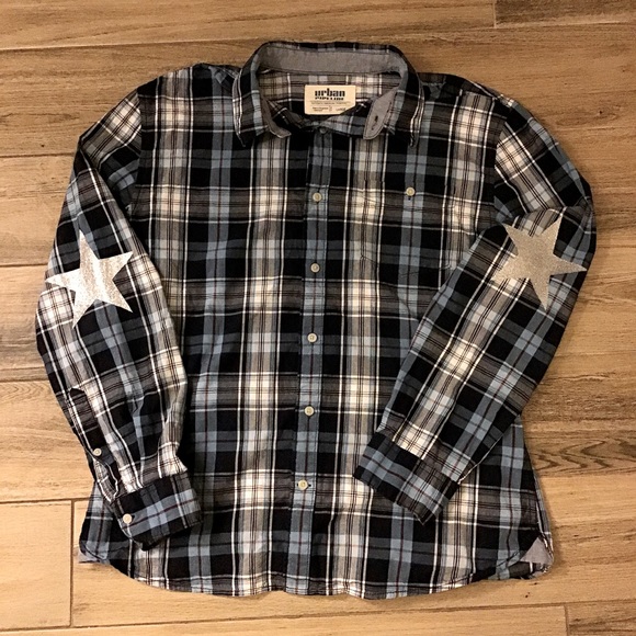 Women’s Blue Plaid Button Down Long Sleeves Collared Shirt silver STAR Patch - Picture 1 of 4